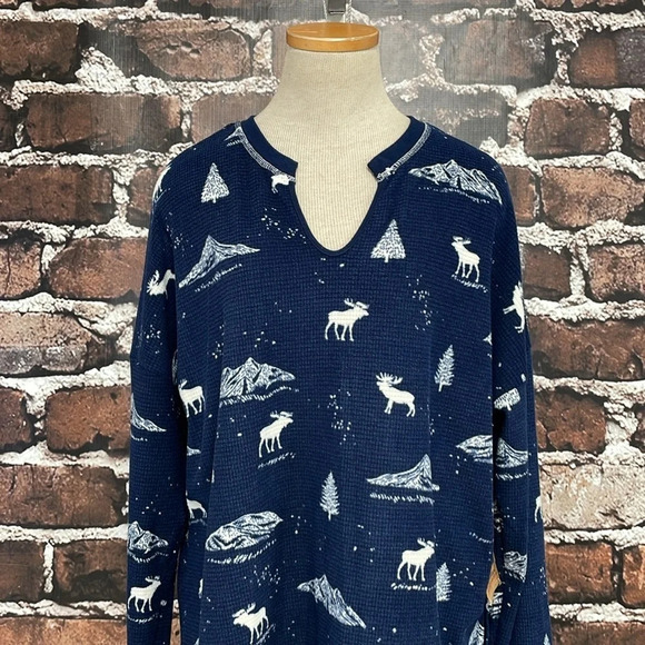 PJ Salvage Pajama Top Women's Large Navy Blue NWT Moose Long Sleeve Waffle Knit - Picture 7 of 13